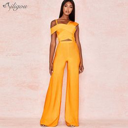 All Fashion Orange Two-Piece Sexy Spaghetti Strap Back Zip Design Celebrity Party Bandage Pants Set 210527