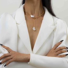 Punk Imitation Pearl Baroque Choker Necklace Simple Minimalist Link Chain Long Pendant Necklac for Women Jewelry