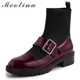 Meotina Autumn Ankle Boots Women Natural Genuine Leather Buckle Flat Short Boots Slim Knitting Round Toe Shoes Ladies Size 34-39 210608