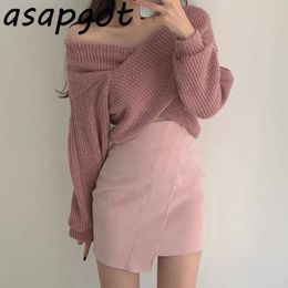 Korean Chic Temperament V-neck Cross Off The Shoulder Sweaters Tops Slim High Waist Wrap Hip Irregular Skirt Sweet Retro Wild 210610