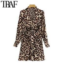 Women Chic Fashion With Bow Tied Leopard Print Mini Dress Vintage V Neck Long Sleeve Female Dresses Vestidos Mujer 210507