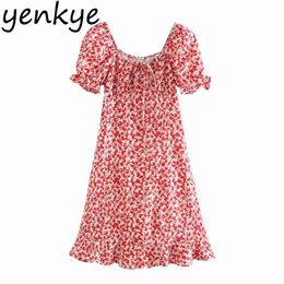 Red Floral Print Dress Women Square Neck Short Sleeve Sweet Lady High Waist A-line Holiday Summer Dresses vestido 210514