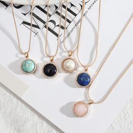 Women Necklace 17mm Round Lapis Lazuli Pearl Turquoise Rose Natural Stone Quartz Pendant Gold Snake Chain Necklaces Accessories Jewellery