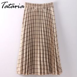 High Waist Skirt Pleated Women Vintage Summer Cotton Saia Mid Long Plaid Female Ealstic s For Woman Causal 210514