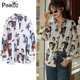 casual character print blouse women long sleeve vintage chic daily shirt plus size aesthestic summer spring 210421