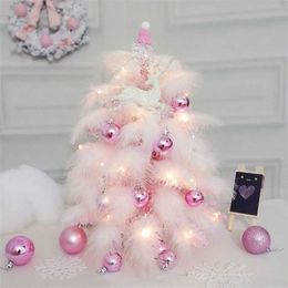 45/60CM Net Red Pink Feather Christmas Tree Led Christmas Ornaments Artificial Tree Handmade Holiday Decoration Xmas Decor U3 211112