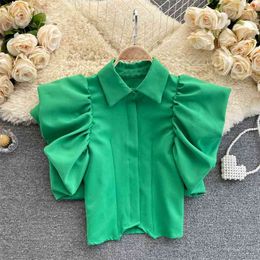 Ins Fashion Short Tops Women's Lapel Sleeve Slim Fit Shirt Solid Color Camisas Mujer Vintage Blouse S190 210527