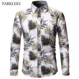 Autumn Hawaiian Style Leaf Printed Long Sleeve Shirts Mens Fashion Flower Casual Slim Fit Button Up Shirt Camisa Male 210524