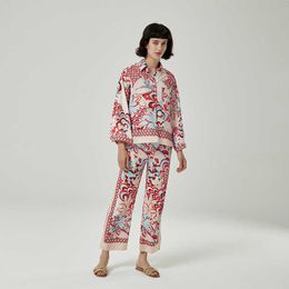 Women Printed 2 Pieces Set Long Sleeve Shirt Oversized Blouse Trousers Suit Pajamas Outfit Pants Sets 210930