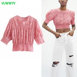 Pink Cutwork Embroidery Crop Top Women Summer Fashion Streetwear Elastic Smocked Woman Blouses Short Sleeve Tunic Tops 210430