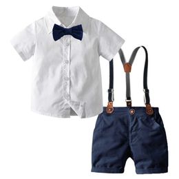 Boy Bow Gentleman Clothes White Shirt + Nary Shorts with Suspenders Kids Children Holiday Outfits Short Sleeve Sets X0719