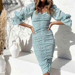 Package Hips Dot Print Dress Women Long sleeve Lacing up Elastic Ruched Mid Party Dresses Elegant Bodycon Vestidos 210524