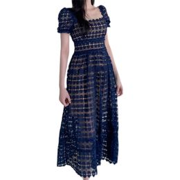 Blue Maxi A line Dress korean ladies Summer Lace Short Sleeve cabaret party long Dresses for women 210602