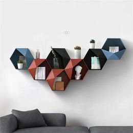 Nordic Living Room wall-mounted Geometric Punch-free Wall Decoration Bathroom Shelf Hexagon Storage Rack 211102