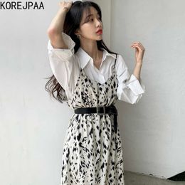 Korejpaa Women Dress Sets Korea Chic Lapel Single-breasted Loose Long-sleeved Shirt and Leopard Strap Long Skirt with Belt 210526