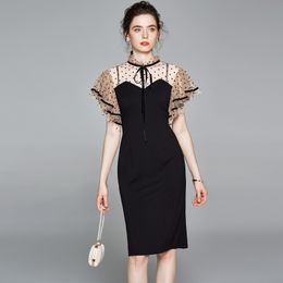 Women Arrival Fashion Summer Elegant Chic Office Dress Vintage Ruffles Sleeve Polka Dot Mesh Sheer Bow Dresses 210520