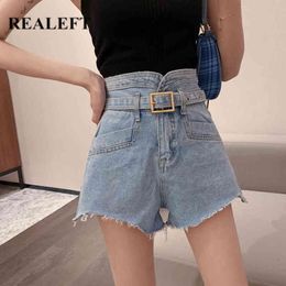 Spring Summer High Waist Denim Shorts with Belted Women Casual Loose Ladies Fashionable Pocket Female Jeans 210428