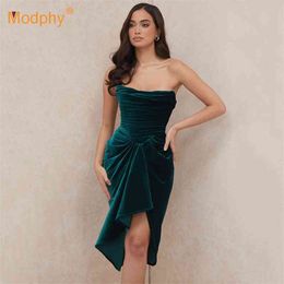 elegant green velvet Asymmetrical dress women sexy strapless draped Bodycon female Evening party midi Vestidos 210527