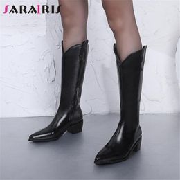 Boots SARAIRIS Plus Size 34-48 Female Women's Mid Calf Pointed Toe Chunky Heels Western Concise Classic Retro Ladies Shoes