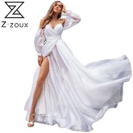 Women Dress White Chiffon es V Neck Off Shoulder Maxi Party High Waist Split Large Hem Bohemian es 210513