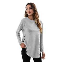 Women T Shirts Casual Solid Long Sleeve Button Side Slim Fit Blouses Tops Crew Neck Shirt