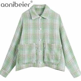 Textured Checked Jackets Spring Summer Fashion Drop Shoulder Women Loose Shirts Coats Female Outerwear Plaid Tops 210604