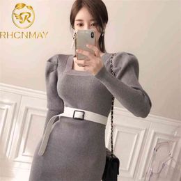 Autumn and winter Sweater Long Dress With Sashes Women Knitted Square neck Slim Package Hip Split 210506