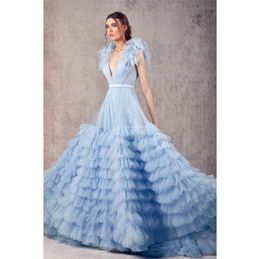 Sky Blue Dresses Deep V Neck Multilayered Ruffles Backless Evening Dress Custom Made Sleeveless Floor Length Party Gown