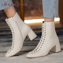 Women Ankle Boots Shoes Genuine Leather High Heel Short Zip Cross Tied Block Heels Lady Winter Beige Size 41 210517