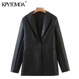 KPYTOMOA Women Fashion Faux Leather Single Button Blazers Coat Vintage Long Sleeve Pockets Female Outerwear Chic Tops 211006
