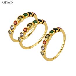 ANDYWEN 925 Sterling Silver Rainbow Colourful 7 Zircons Rings Women Circle Rock Punk European Jewellery in Fine 210608