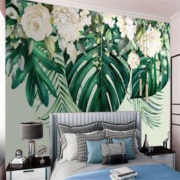 Custom 3d Flower Wallpaper Delicate Flowers and Green Overhanging Large Leaves Beautiful Scenery Home Decor Painting Mural Wallpapers