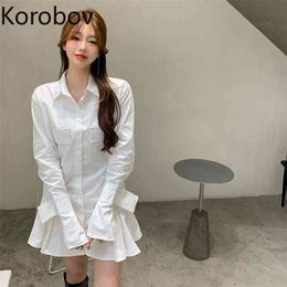 Korobov New Summer White Shirt Dress Korean Flare Sleeve Female Dresses Vintage Elegant Single Breasted Robe Femme 210430