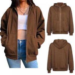 Brown Zip Up Hoodie Vintage Sweatshirt Oversized Jacket Coat Y2K Aesthetic Pockets Long Sleeve Hooded Tops Winter Clothes 211220