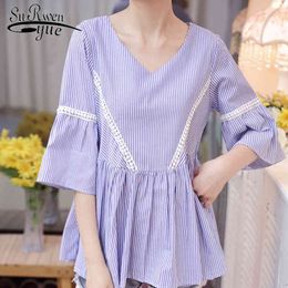 Summer Shirt Women's Blouse V-neck Lace Half Sleeve Tops Stripes Cotton Stitching Clothing 0148 40 210521
