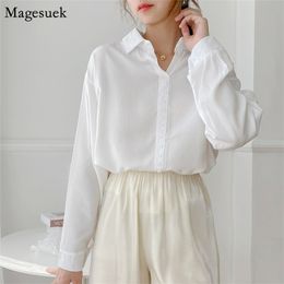 Fashion Long Sleeve Top Women Korean Single Breasted White Blouse Office Lady Loose Shirt Blusas Mujer 11580 210512