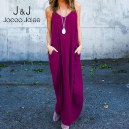 Jocoo Jolee Fashion Big Pocket Maxi Dress Summer Strap Sleeveless Cotton Loose Long Dress Plus Size Irregular Beach Dress 210518