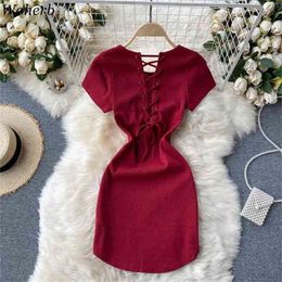 Women Mini Dress Vintage Red Knitted Vestidos Female Backless Lace Up Robe Sexy Lady O-neck Short Sleeve Bodycon Dresses 210519
