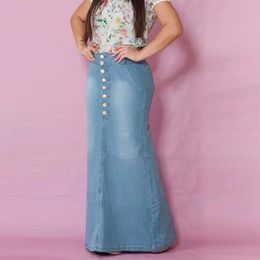 Skirts Women's Denim Vintage Casual Front Button Washed High Waist A-line Flare Long Jean Skirt Plus Size #T1G