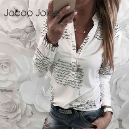 Jocoo Jolee Women Fashion V Neck Long Sleeve Sexy Beach Blouse Shirts Casual Letters Printed Tops Slim Fit Shirts Plus Size 210323