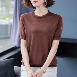 Summer Korean Fashion Knitted T-shirts for Women Vintage Tops Mesh Short Sleeves oversized Office Lady Shirts 210531