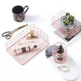 Rose Gold Storage Basket Cosmetic Organiser Makeup Brushe Holder Metal Wire Toiletry Collection Bathroom Shelves 210609