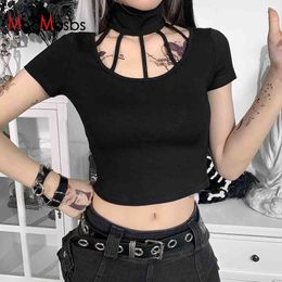 Women Short Sleeve T-shirt Mall Goth Crop Top Halter Hollow Out Teeshirts Harajuku Gothic Summer Clothes Kawaii Korean Fashion 210517