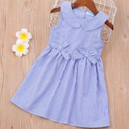 Girl Dress Summer Striped Bow Princess Doll Collar Sleeveless Kid Clothes Children 3-7Y 210515