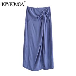 KPYTOMOA Women Chic Fashion With Knotted Soft Touch Midi Skirt Vintage High Waist Back Zipper Vents Hem Female Skirts Mujer 210708