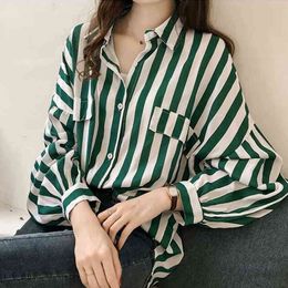 Blouses Woman Long Sleeve Striped Chiffon Blouse Women Turn Down Collar Office Ladies Tops Womens Tops And Blouses C349 210426