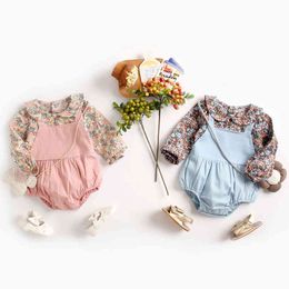 0-3Yrs born Baby Girls Floral Fake Two Piece Long Sleeve Clothes Rompers Spring Autumn Toddler Jumpsuits 210429