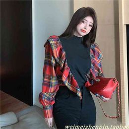 Women Chic Turtleneck Contrast Colour Plaid Tees Female All-match Fashion Tops Spring Vintage Patchwork Top 210520