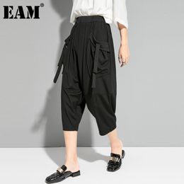 [EAM] High Elastic Waist Black Pocket Pleated Calf-Length Trousers Loose Fit Pants Women Fashion Spring Summer 1DD7502 21512