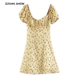 Yellow French Tulip Flower Print Short Dress Retro Women Tide Bow Lacing Up V neck Puff Sleeve Mini Dresses 210429